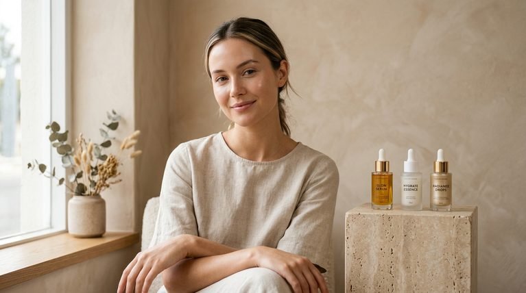 A clean aesthetic product display with skincare serums and a glowing model showing clear skin tone.