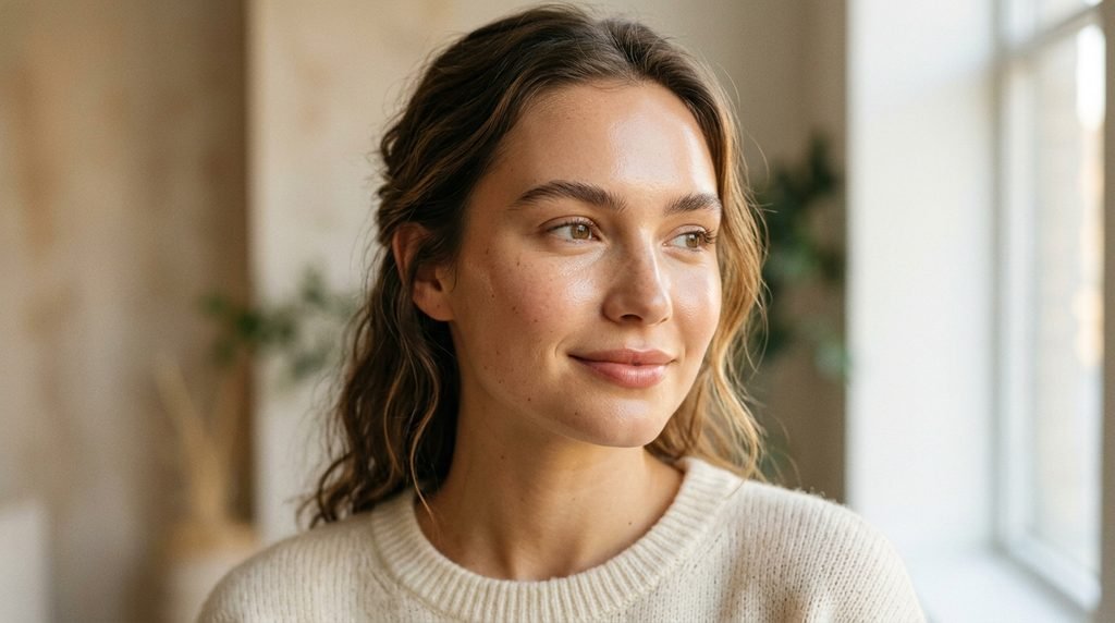Person with smooth, glowing skin smiling toward soft natural light.