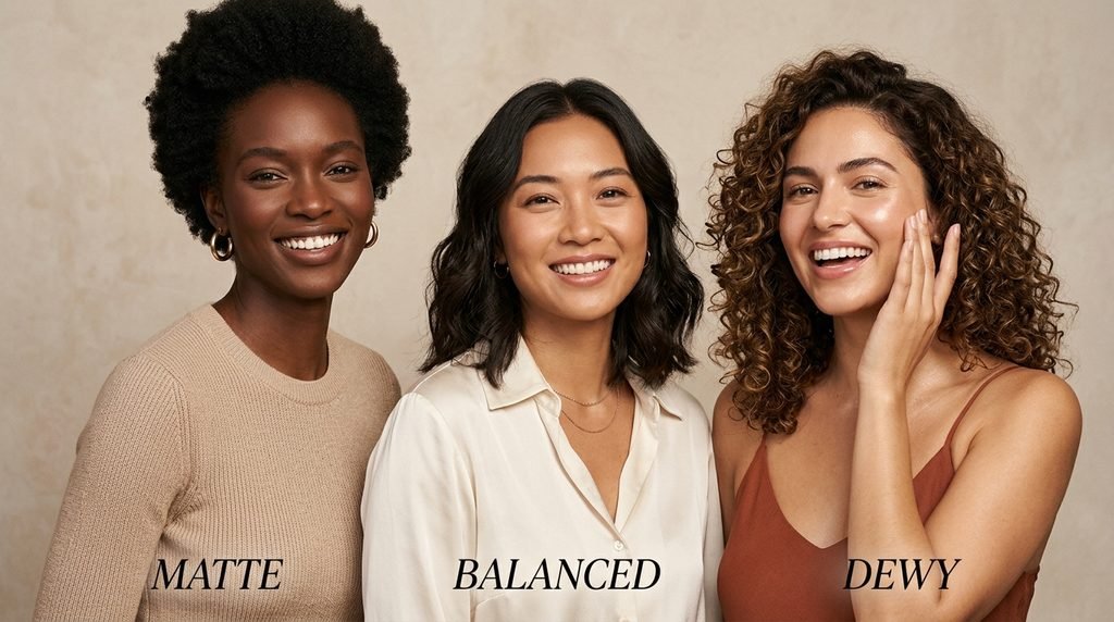 Three women with healthy matte and dewy complexions posing in soft lighting.