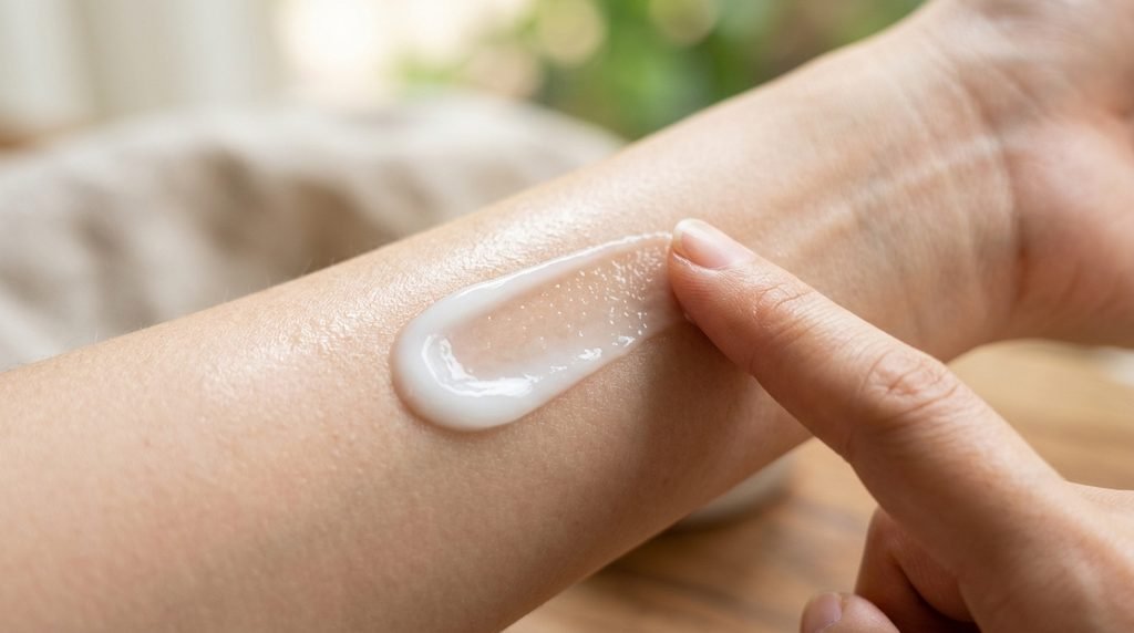 Close-up swatch of soothing white cream on smooth skin.