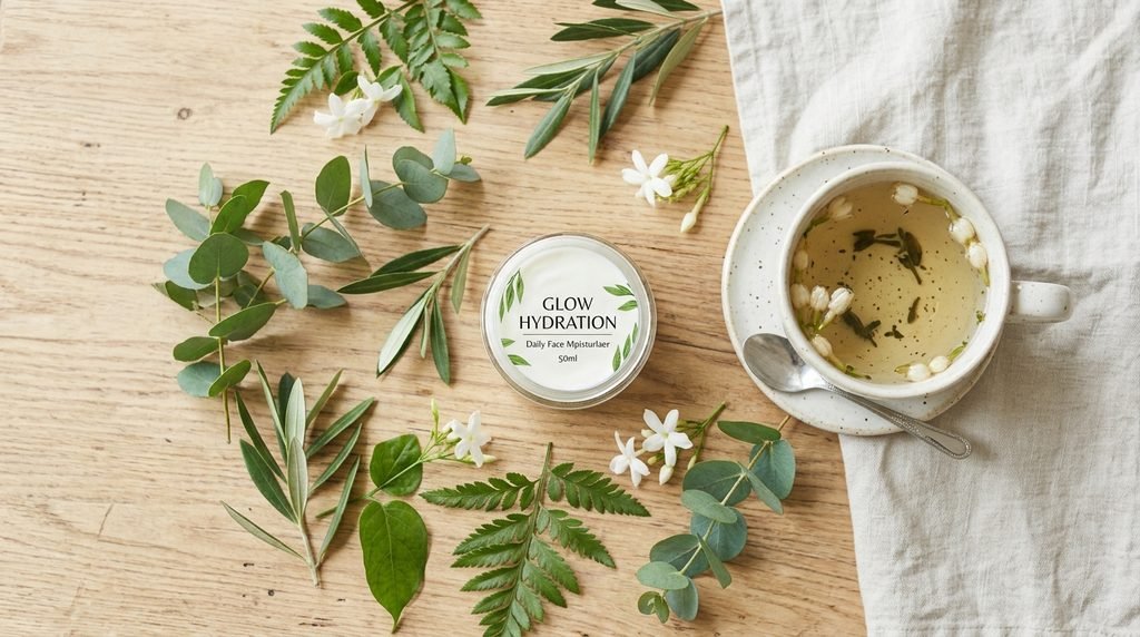Open glass jar of facial cream beside fresh leaves on a light wood surface, 16:9 landscape frame.