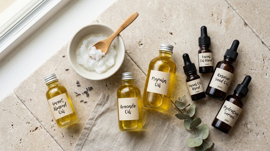 Flat lay of coconut oil bowl and botanical skincare oil bottles on beige slate tile.