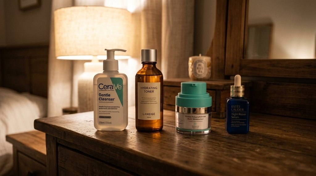 Four skincare products arranged in application order on a vanity table.