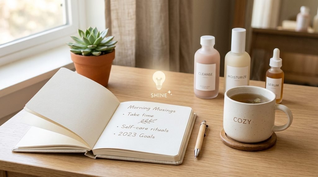 Aesthetic desktop desk setup representing frequently asked questions about skincare routines