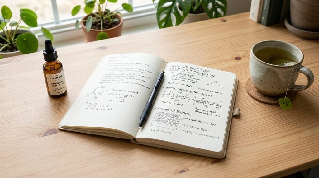 An open notebook sitting next to a glass serum dropper bottle and green tea on a wooden desk.
