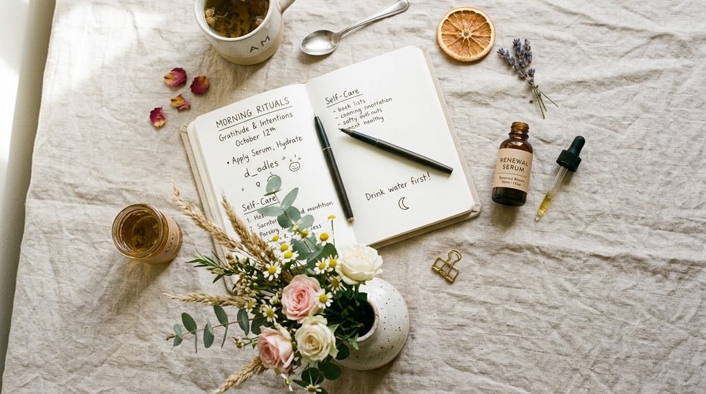 Notebook and serum bottle on light linen tablecloth