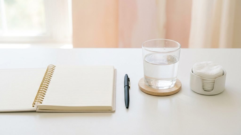 Minimalist desktop setup with notebook, pen, water glass, and cotton pads.