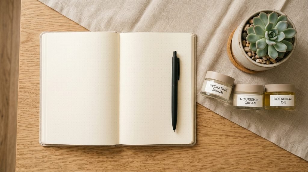 Notebook and pen surrounded by minimalist skincare containers for an FAQ summary.