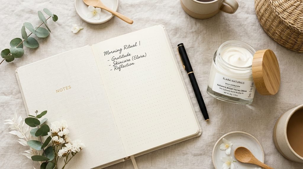 Minimalist desktop setup with skincare products and a notebook for FAQs.