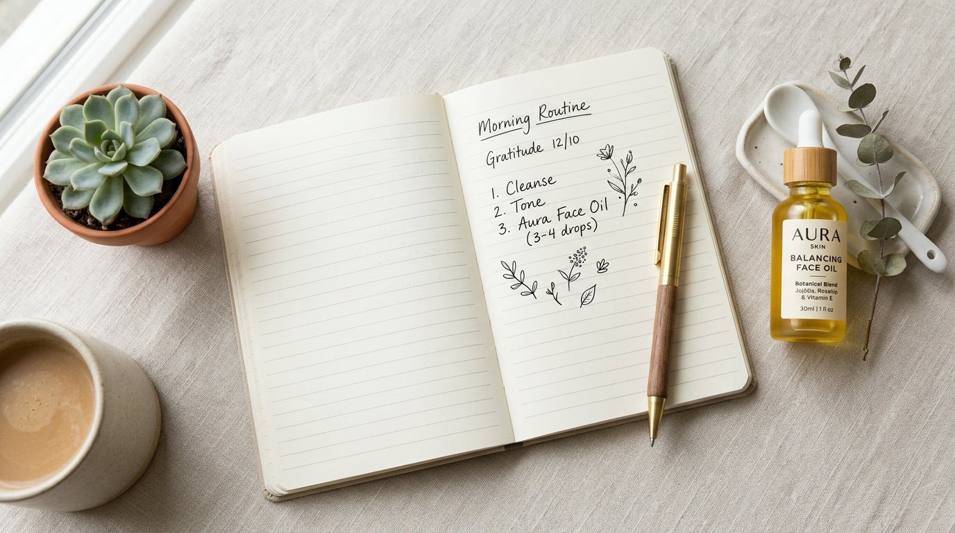 Open notebook and pen beside a face oil bottle on a neutral table surface.
