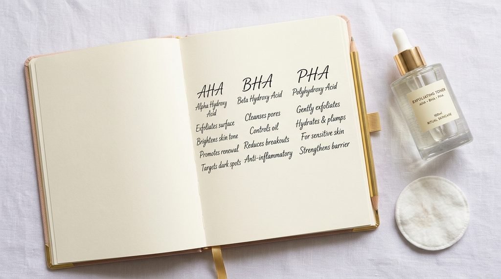 An open notebook with handwritten skincare acid comparisons alongside a glass serum bottle on a light desk.