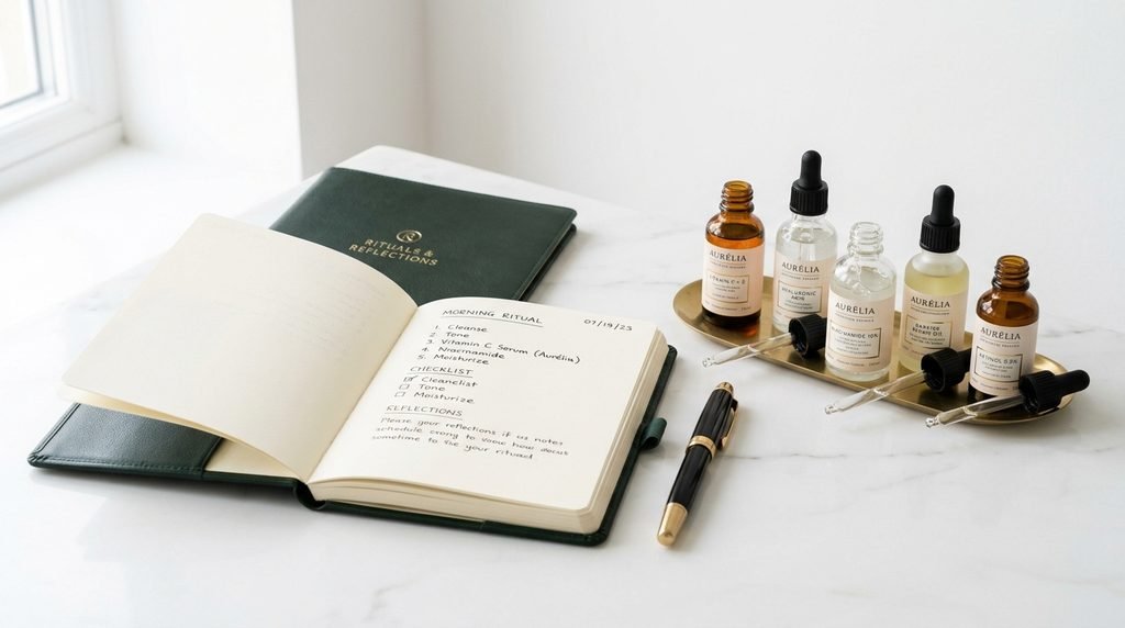 Notebook and skincare serums arranged neatly on a table