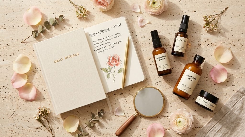 Flatlay of a notebook, pen, hand mirror, and skincare bottles on a light stone surface.