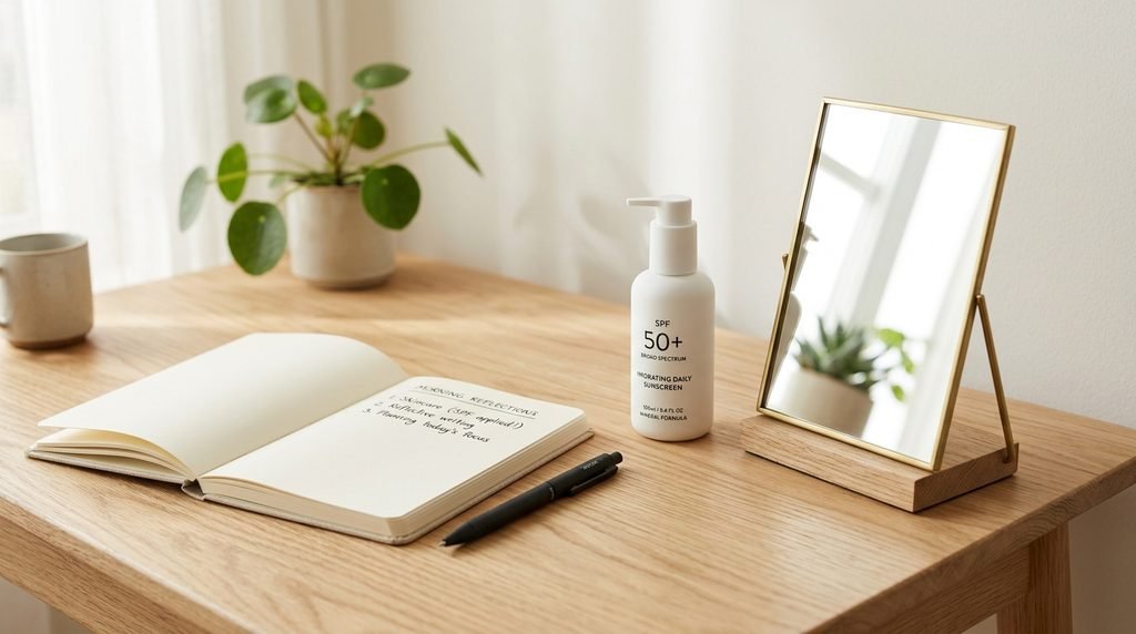 Minimal desk arrangement with a notebook, mirror, and sunscreen bottle for an FAQ section.