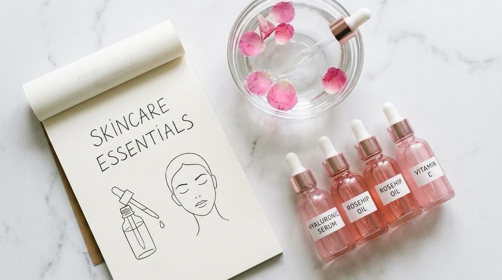 A notebook alongside skincare bottles and water on marble, shot in 16:9 aspect ratio.