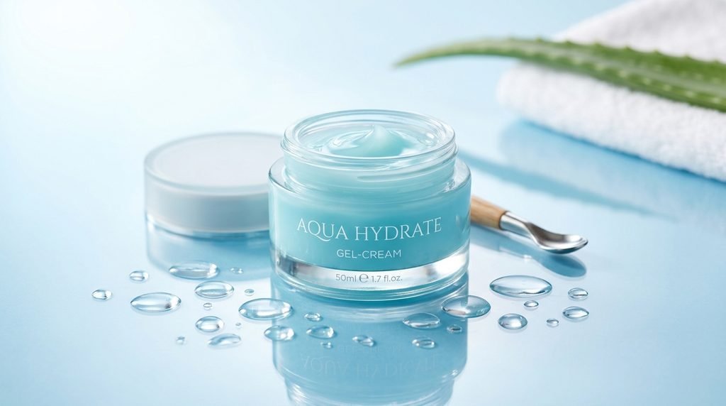 Minimalist glass jar of hydrating gel-cream resting on a clean reflective surface with water drops.