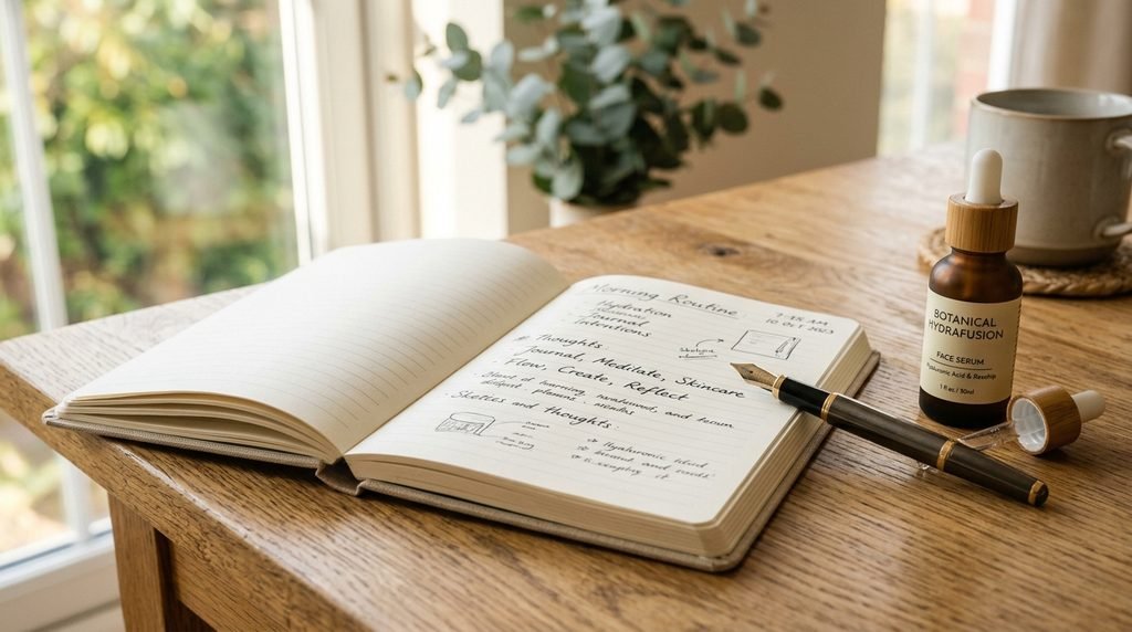Notebook and serum bottle resting on a wooden desk in soft daylight