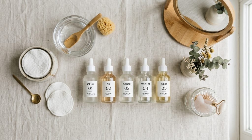 Organized skincare items and glass droppers on a linen surface.