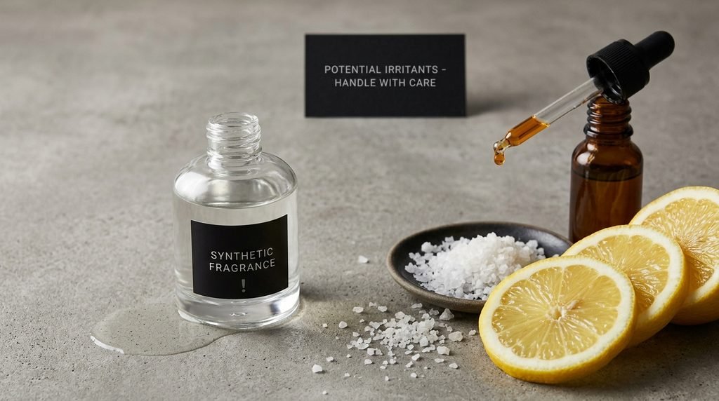 Citrus slices, essential oil bottle, and face scrub granules indicating skincare triggers.