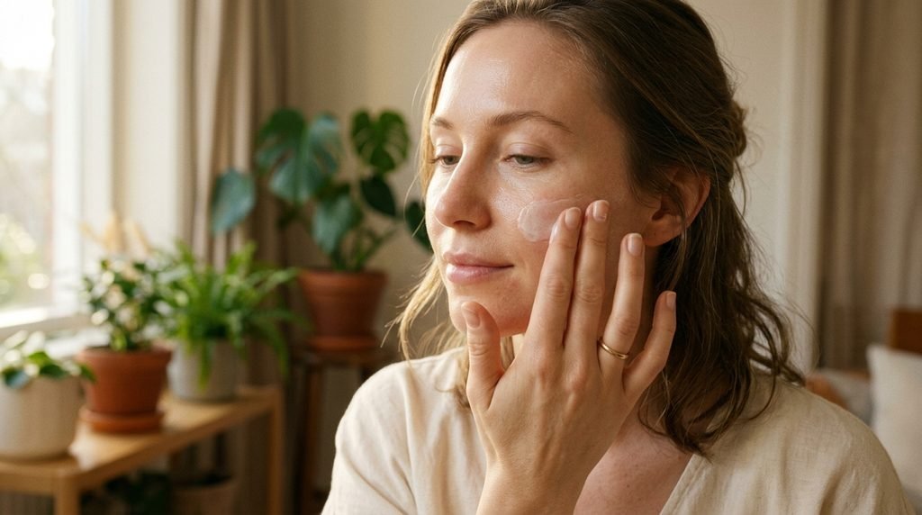 Close-up of a person gently applying a soothing moisturizer to calm sensitive facial skin.
