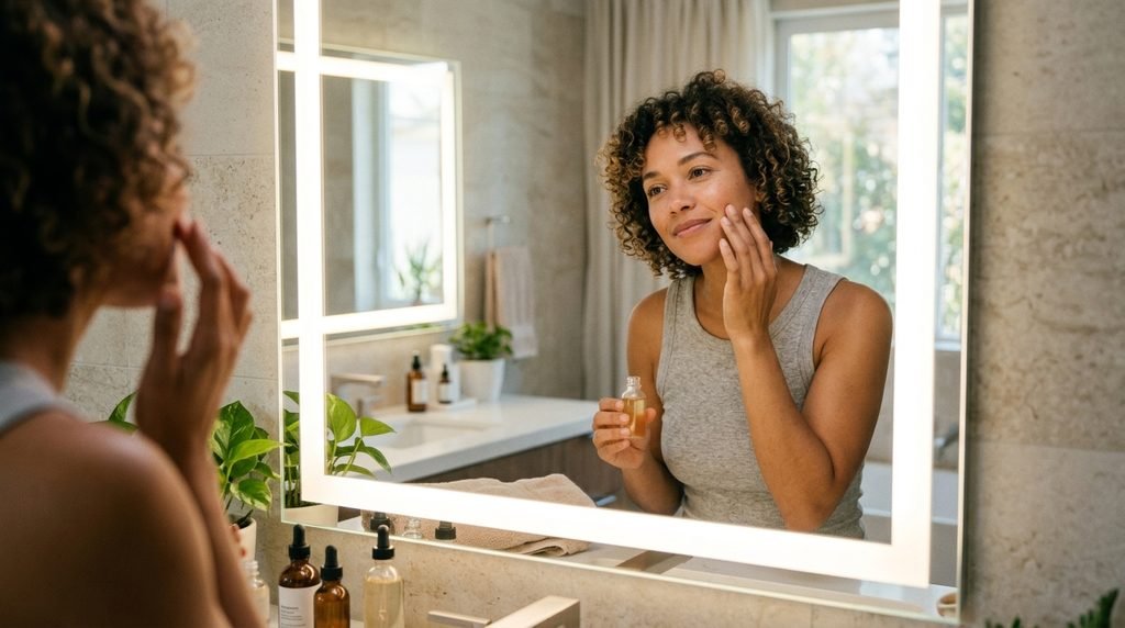 Person applying facial serum in a modern sunlit bathroom setting, 16:9 landscape orientation.