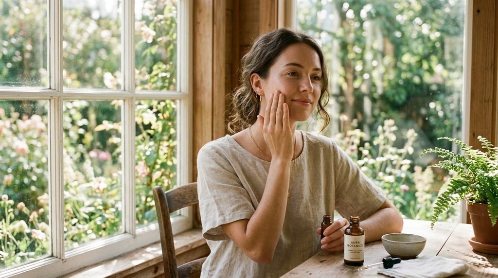 Person gently applying facial serum near a sunlit window in soft focus.