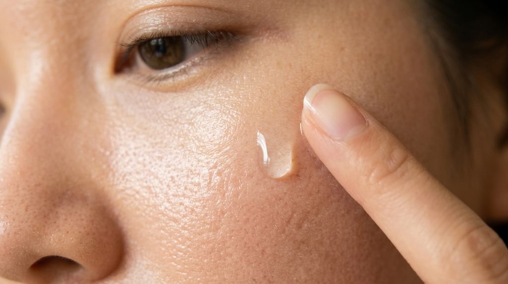 Macro photograph of clear serum droplet applied to clean glowing skin cheekbone.