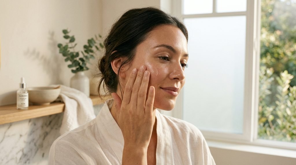 Person applying serum to clean skin in warm morning light.
