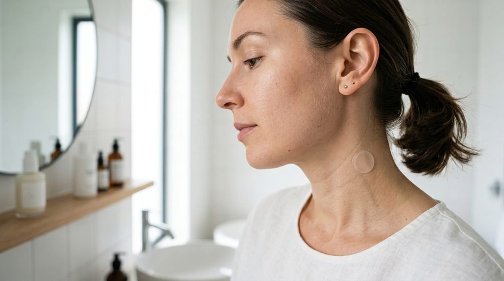 Demonstration of a skincare patch test applied to the neck and jawline area