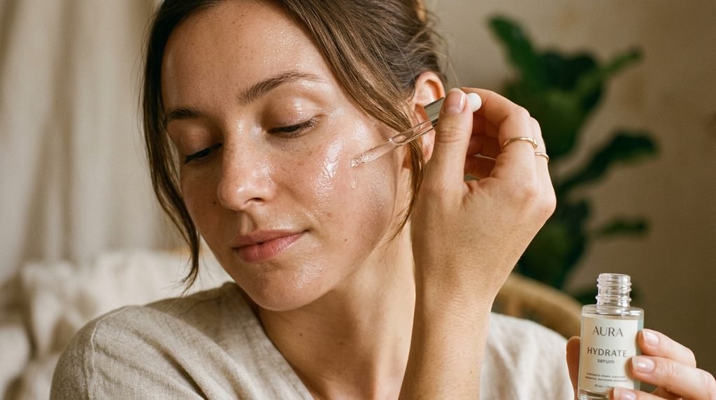 Close-up of smooth, glowing skin being hydrated with a clear serum dropper.