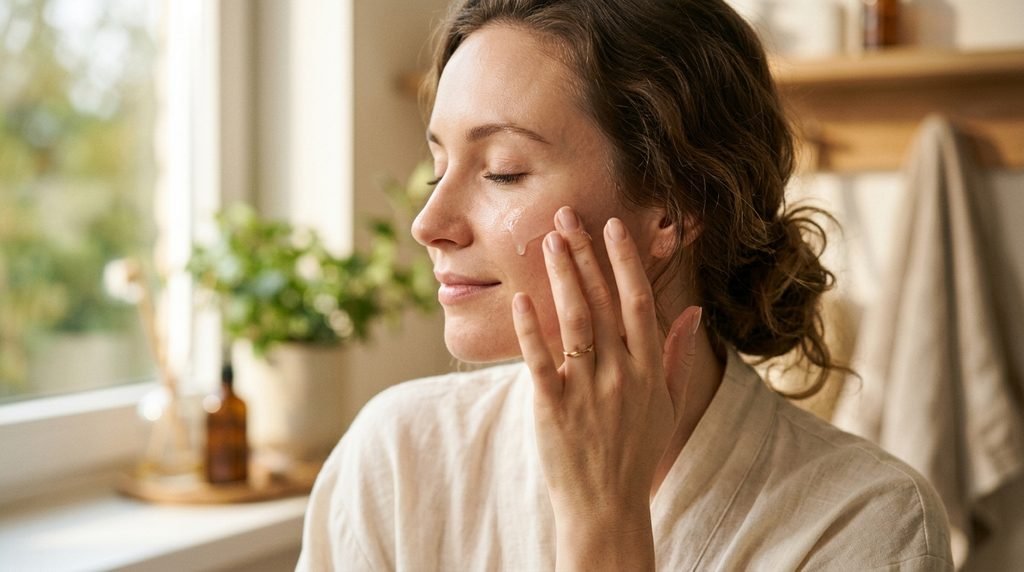 Person applying clear PDRN facial serum to cheek with soft morning lighting.