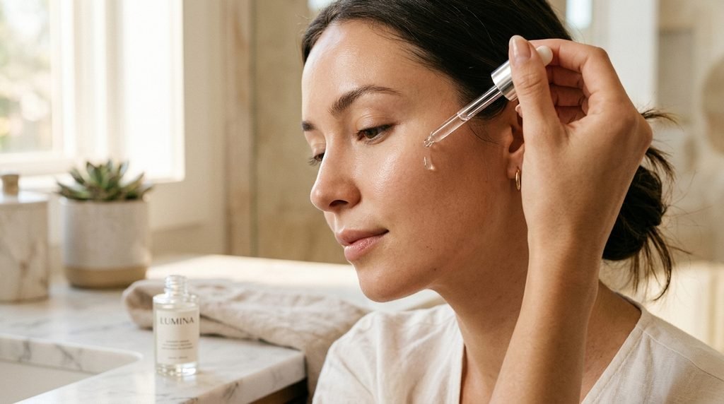 Close-up of a person applying a serum droplet to their cheek