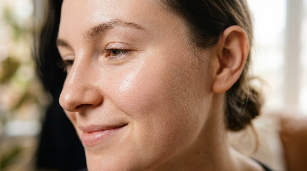 Close-up view of clear, hydrated facial skin in soft natural daylight, 