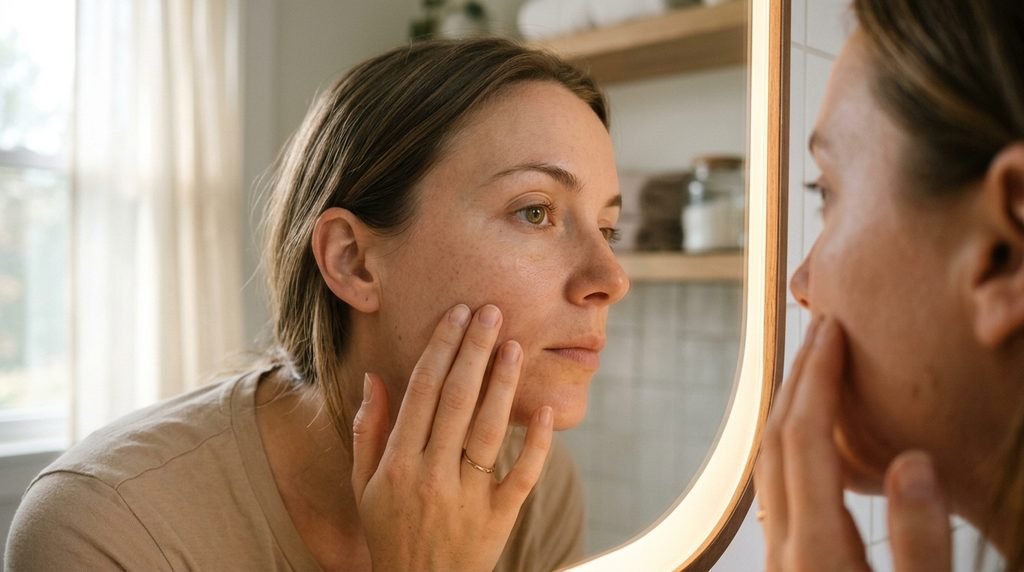 Close-up of a person examining their skin tone in a soft backlit mirror.