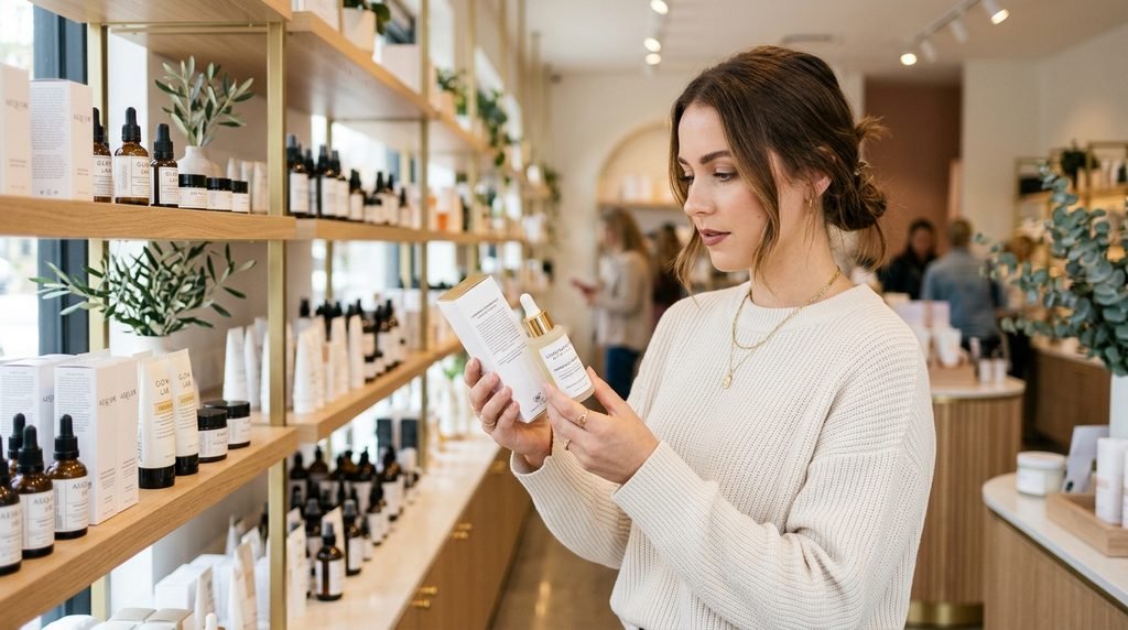 Consumer reviewing product ingredients on packaging in a cosmetics store.