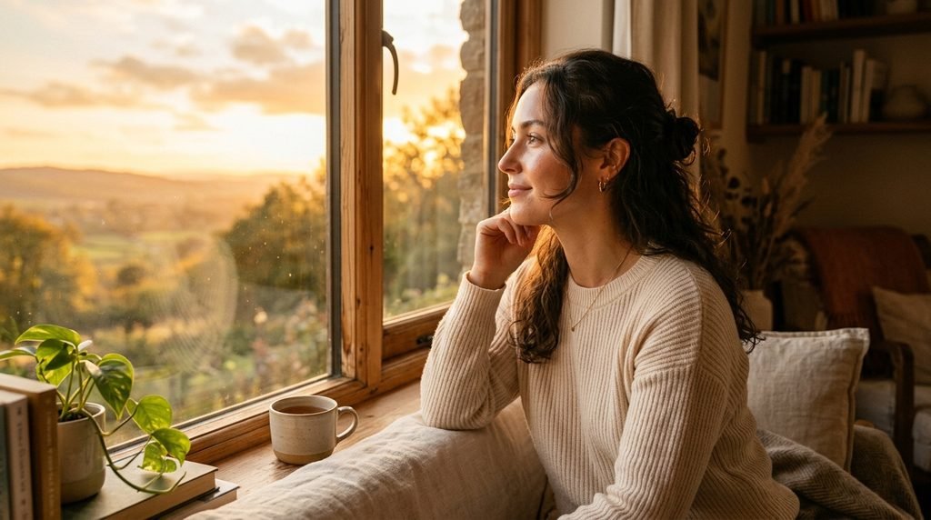 Person with healthy, glowing skin enjoying golden hour sunlight indoors.