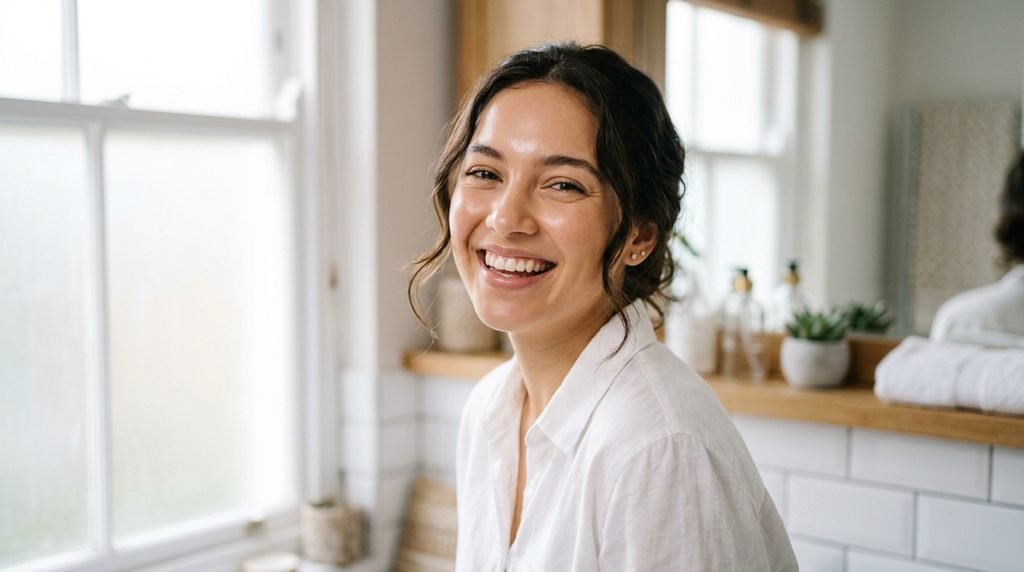 Smiling person showing healthy, glowing skin in bright natural light.