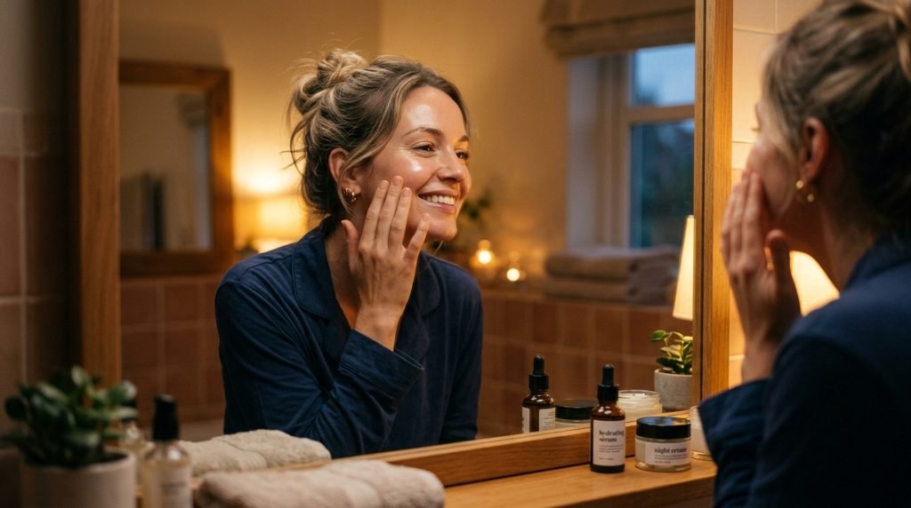 Smiling person reflecting in mirror touching glowing hydrated cheek.