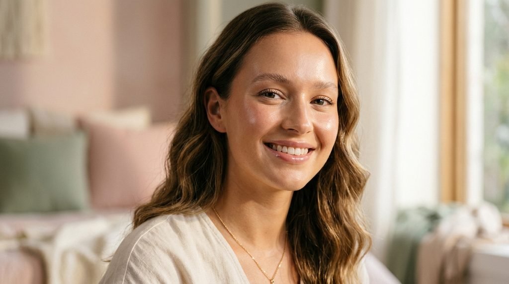Close-up of smiling person with fresh, clear, radiant skin in soft natural light.