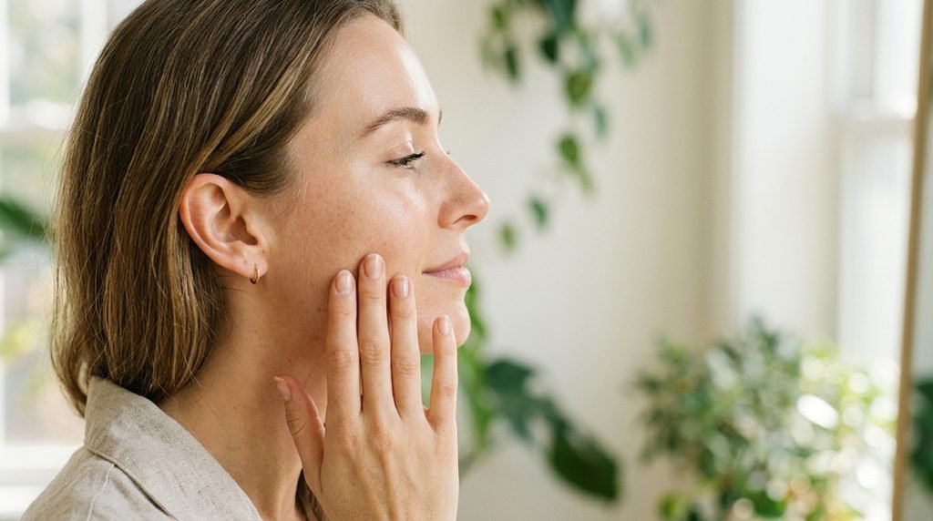 Person gently touching their smooth, healthy cheek illuminated by soft morning sunlight.