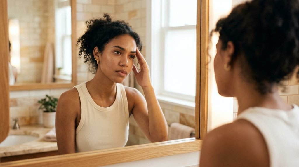 Person examining forehead bumps in a warm, brightly lit bathroom mirror.
