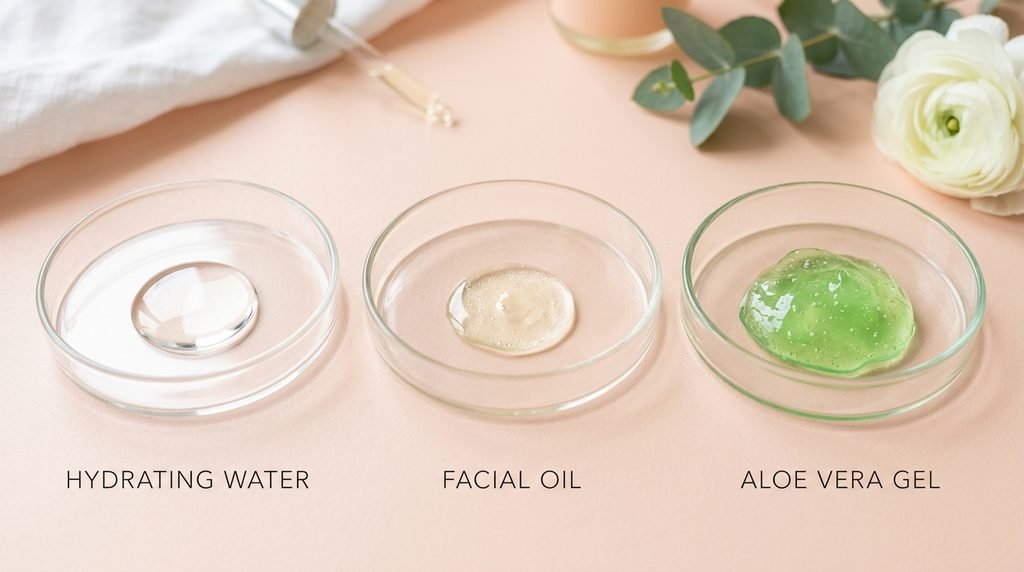 Three glass petri dishes displaying different serum textures for dry, oily, and sensitive skin types.