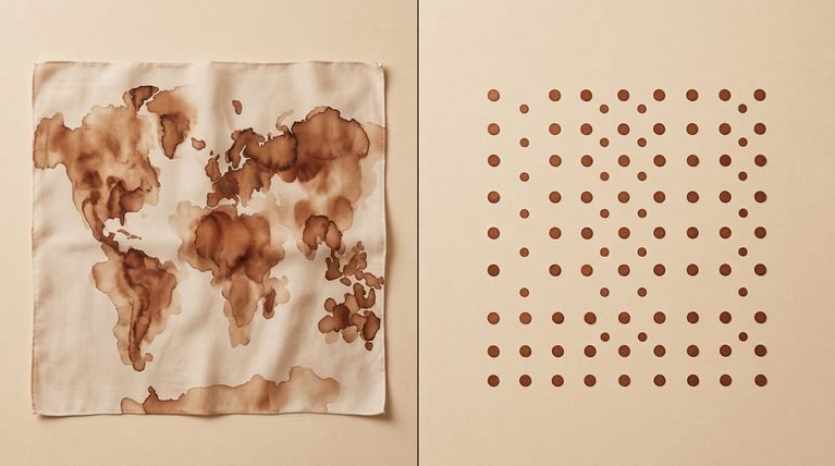 Flat lay comparison of map-like melasma patterns versus distinct hyperpigmentation spots on beige background.