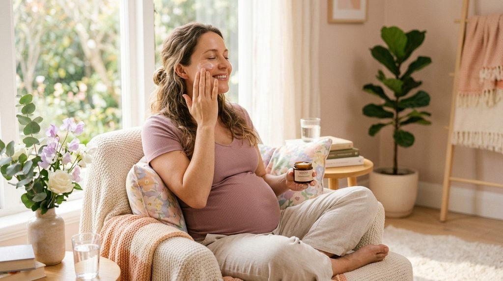 A pregnant woman applying gentle face cream in a sunlit, peaceful living room
