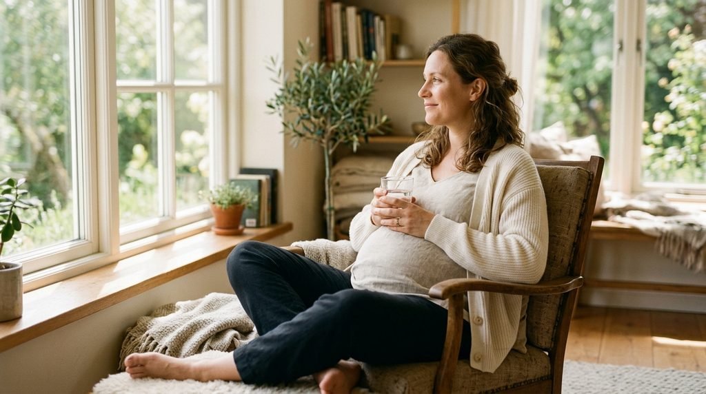 Pregnant woman sitting near a sunlit window reflecting hormonal skin changes.