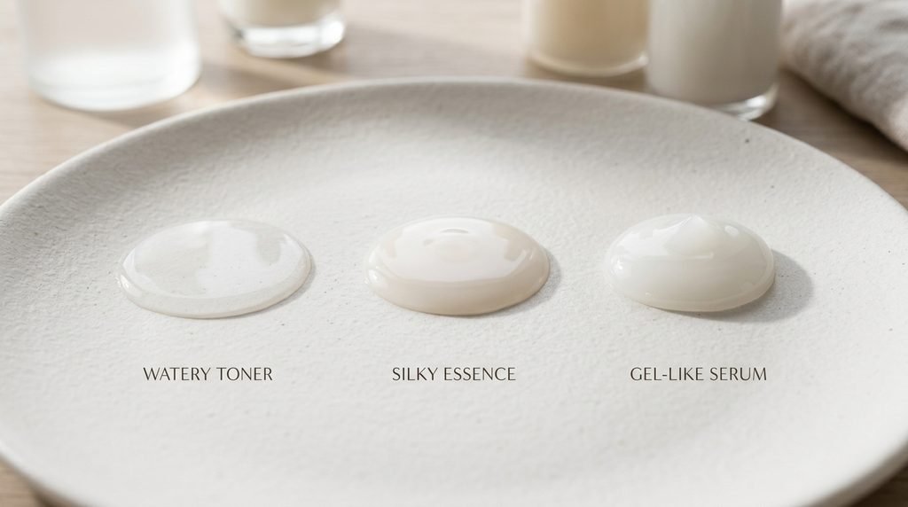 Three distinct skincare liquid drops showing different viscosities on a white ceramic plate.