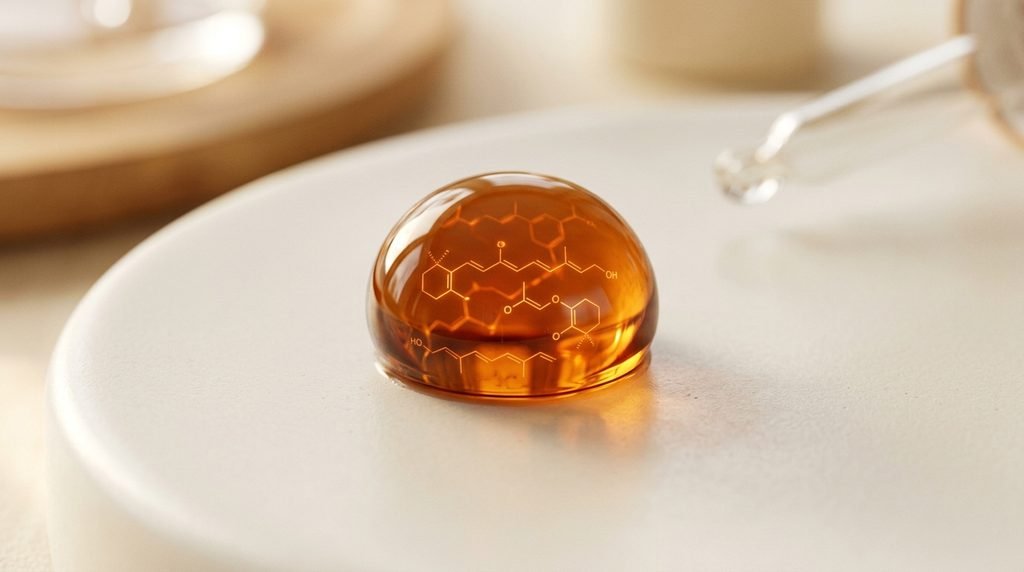 Macro view of a single drop of amber retinol serum on a clean ceramic tile.