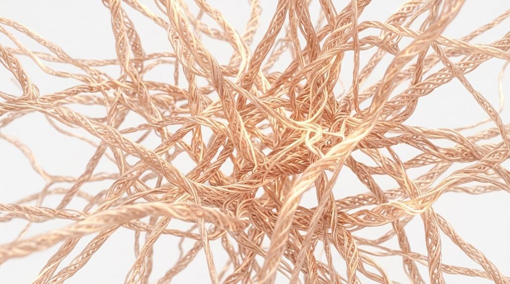 Abstract 3D scientific illustration of interconnected protein fiber networks in human dermis.
