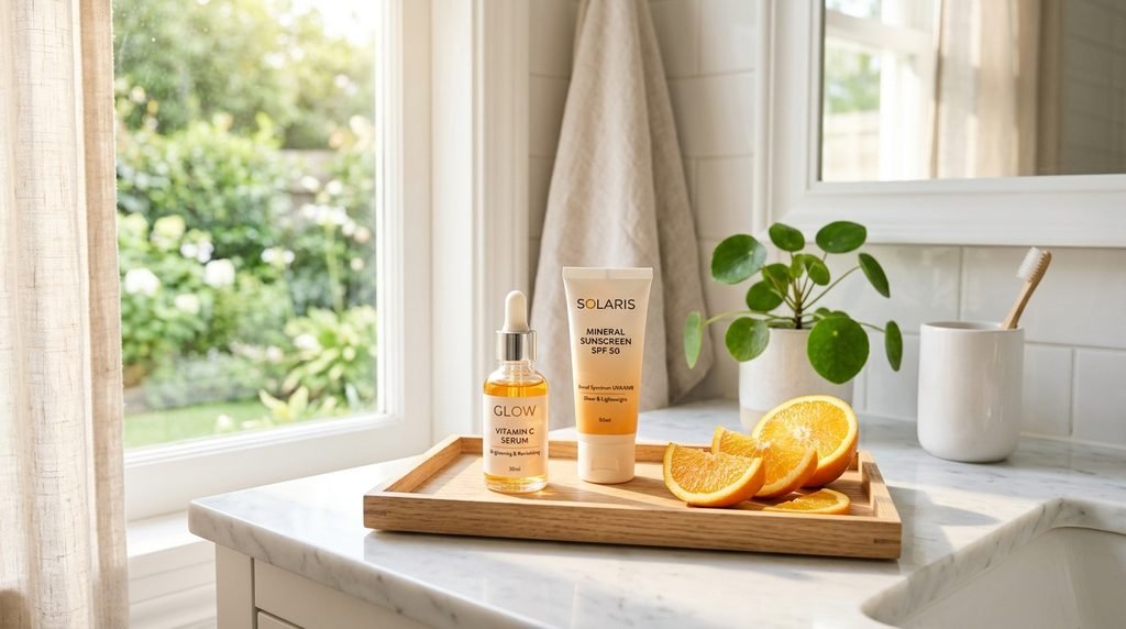 A Vitamin C serum bottle and sunscreen tube arranged on a light wood tray in morning sunlight.