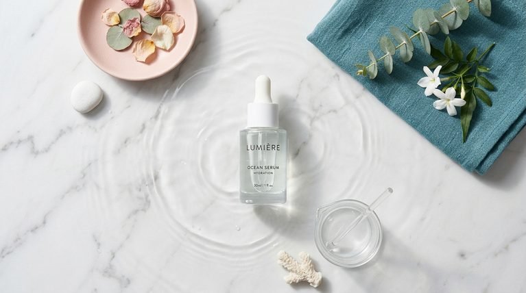 Minimalist glass serum bottle on white marble with water ripples, representing PDRN skincare.